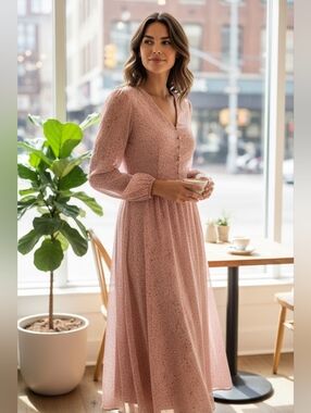 Vince Camuto Dusty Pink Long Sleeve V-Neck Midi Dress
